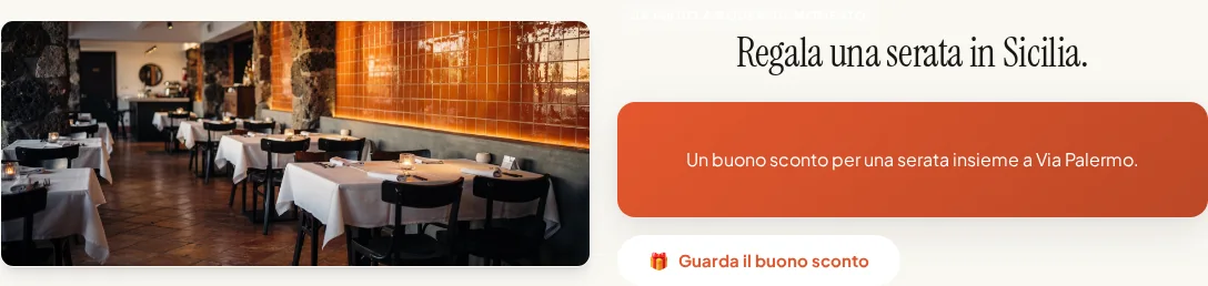 Blocco buoni regalo con foto del ristorante e accesso al negozio di buoni di Via Palermo.