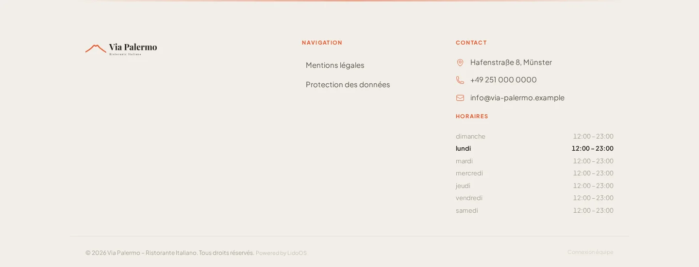 Contact et horaires dans le pied de page du site de Via Palermo.