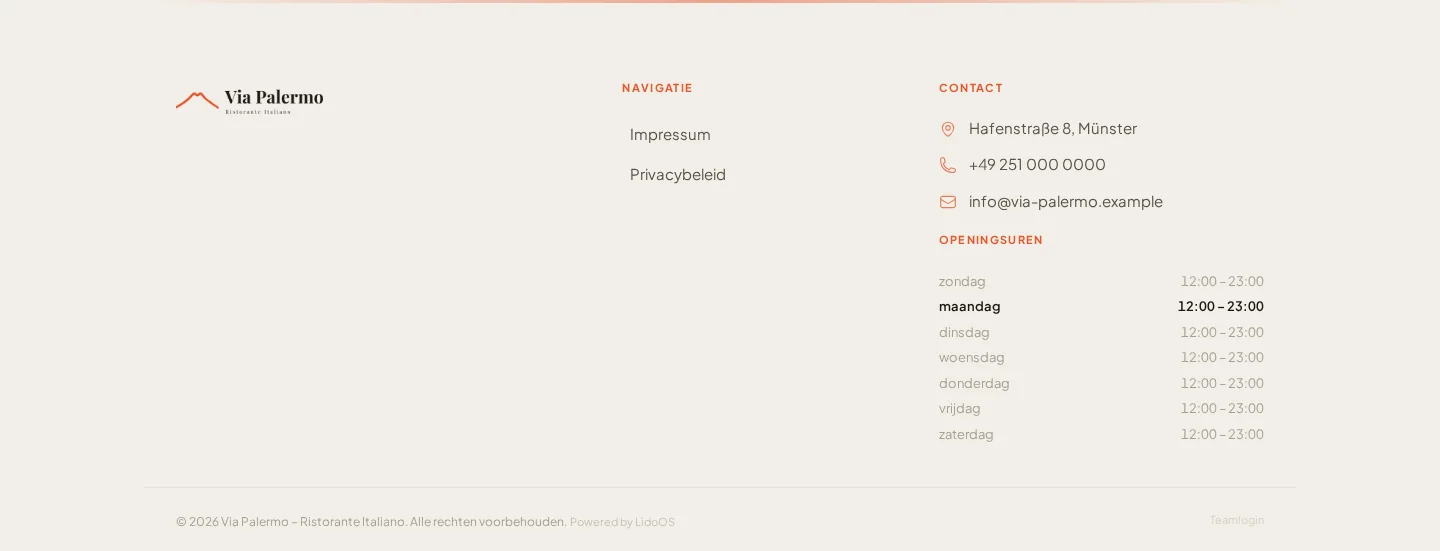 Contact en openingstijden in de voettekst van de Via Palermo-website.
