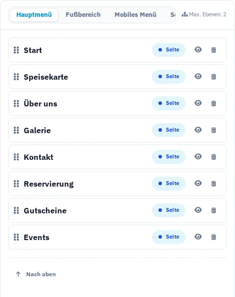 Navigation Studio mit Seiten, Menüstruktur und Vorschau.