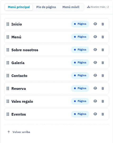 Estudio de navegación con páginas, estructura de menú y vista previa.