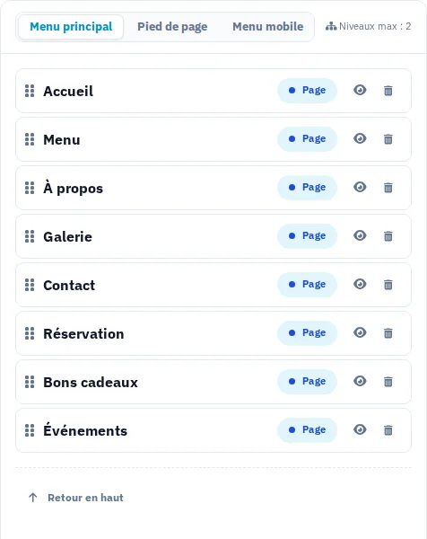 Studio de navigation avec pages, structure de menu et aperçu.