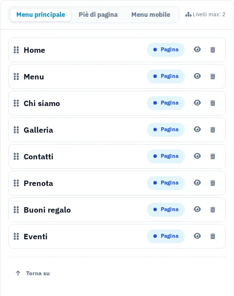 Studio navigazione con pagine, struttura del menu e anteprima.