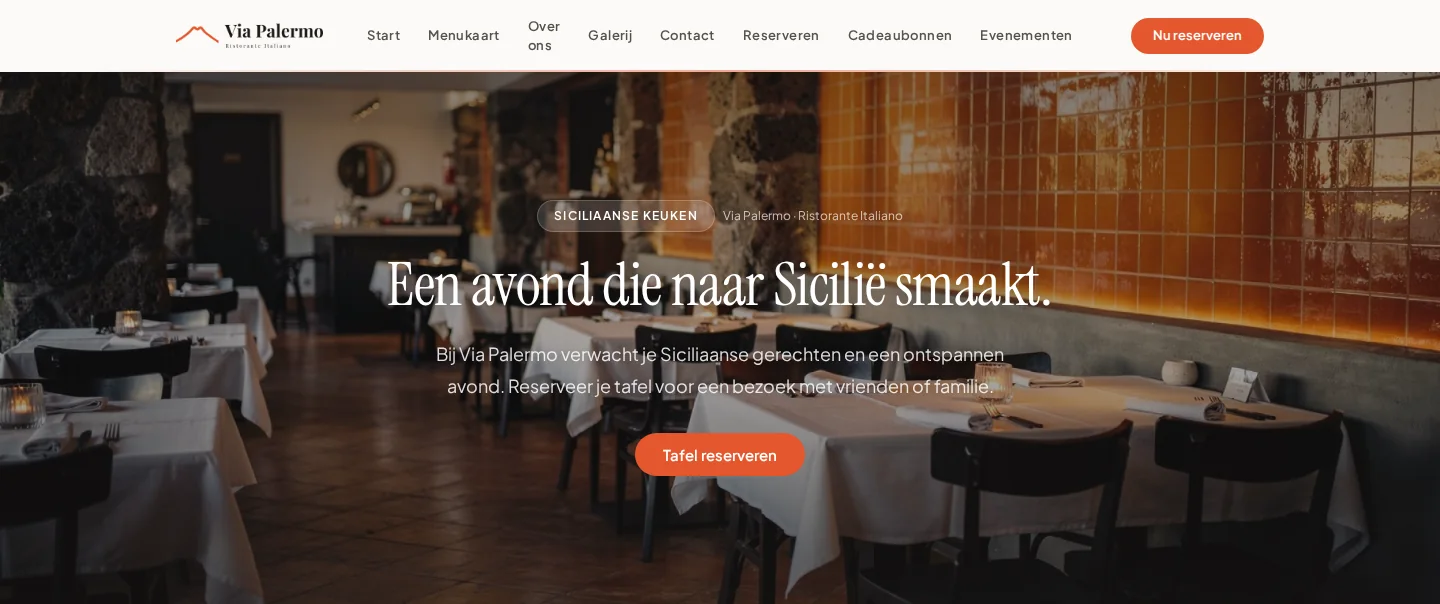 Startpagina van Via Palermo met restaurantafbeelding en reservatiestart.