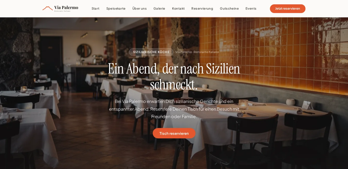 Startseite von Via Palermo mit Restaurantbild und Reservierungseinstieg.