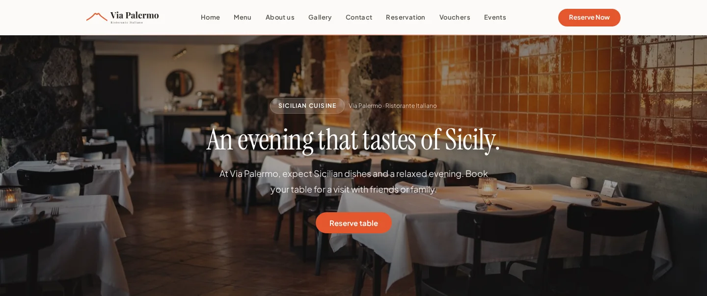 Homepage of Via Palermo with restaurant image and reservation entry.