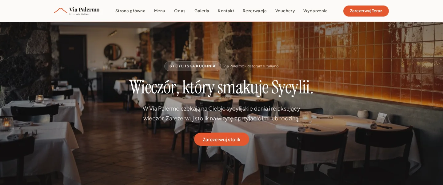 Strona główna Via Palermo z obrazem restauracji i miejscem na rezerwację.
