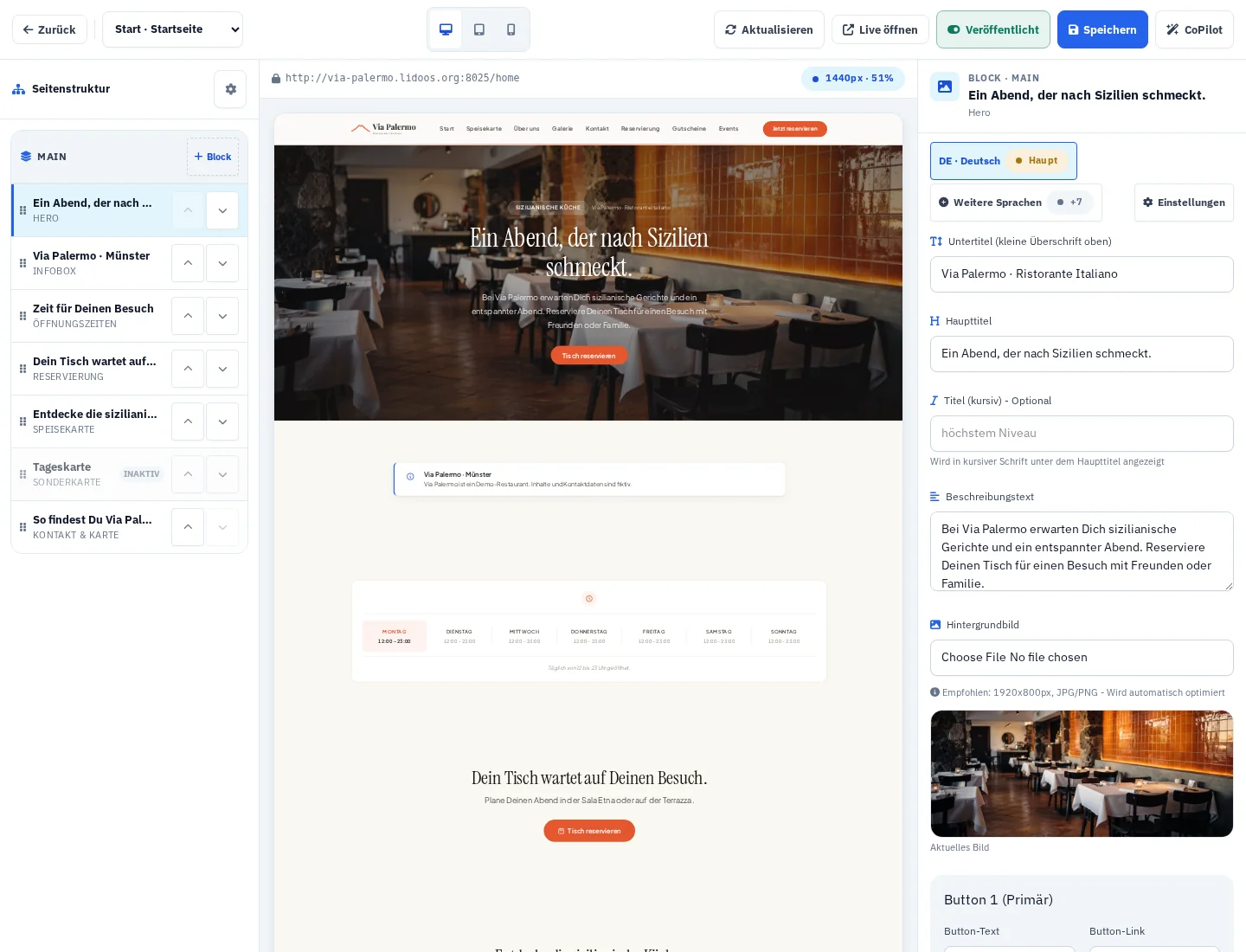 Website Studio mit Seitenstruktur, Vorschau und Blockbearbeitung.
