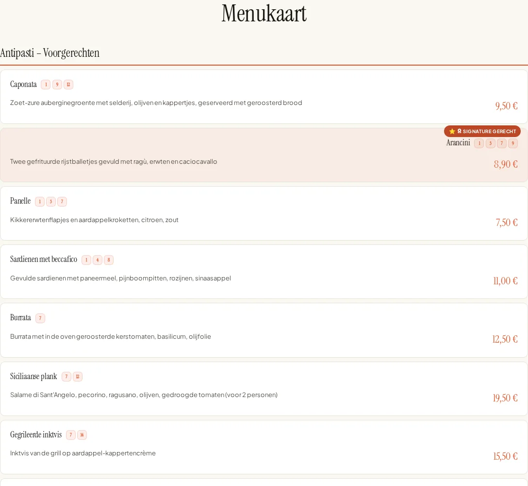 Ingesloten digitale menukaart met gerechten uit Via Palermo.