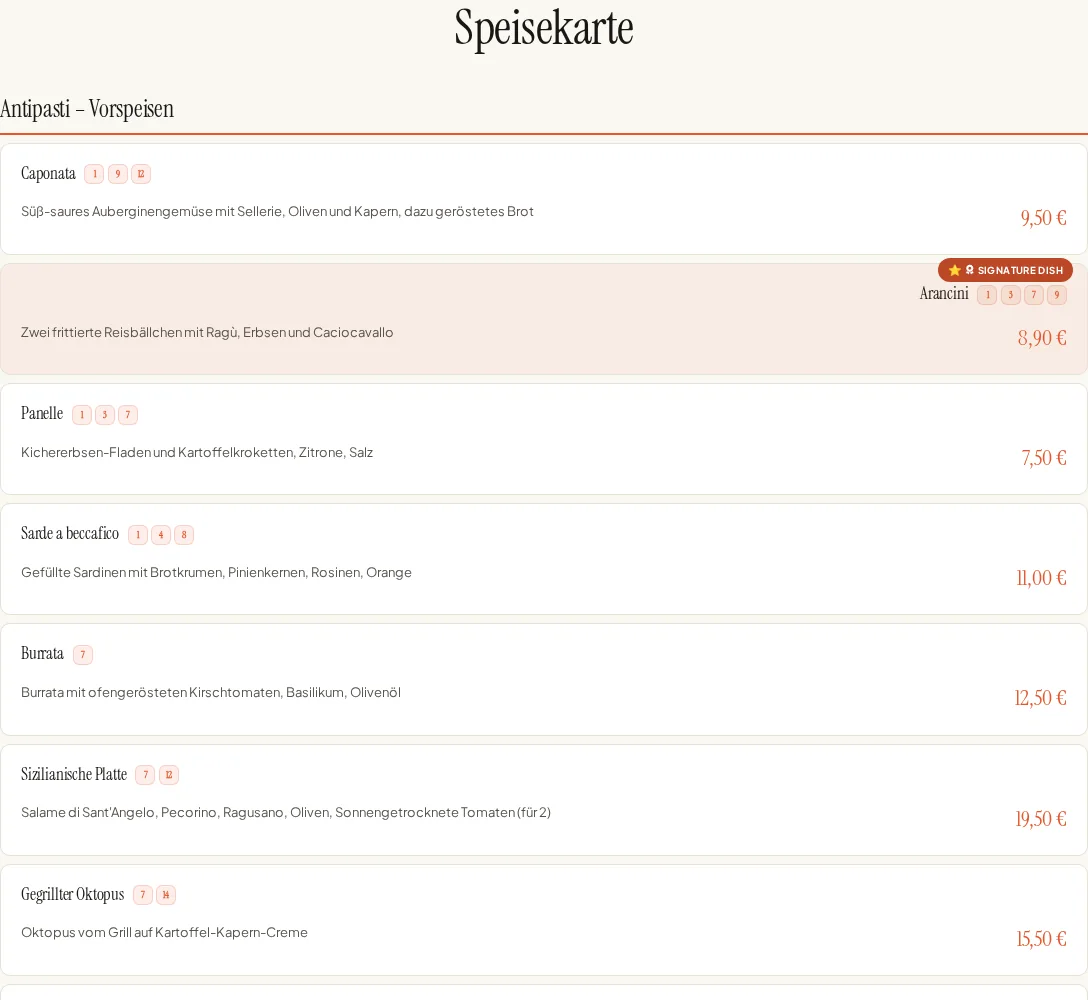 Eingebettete digitale Speisekarte mit Gerichten aus Via Palermo.