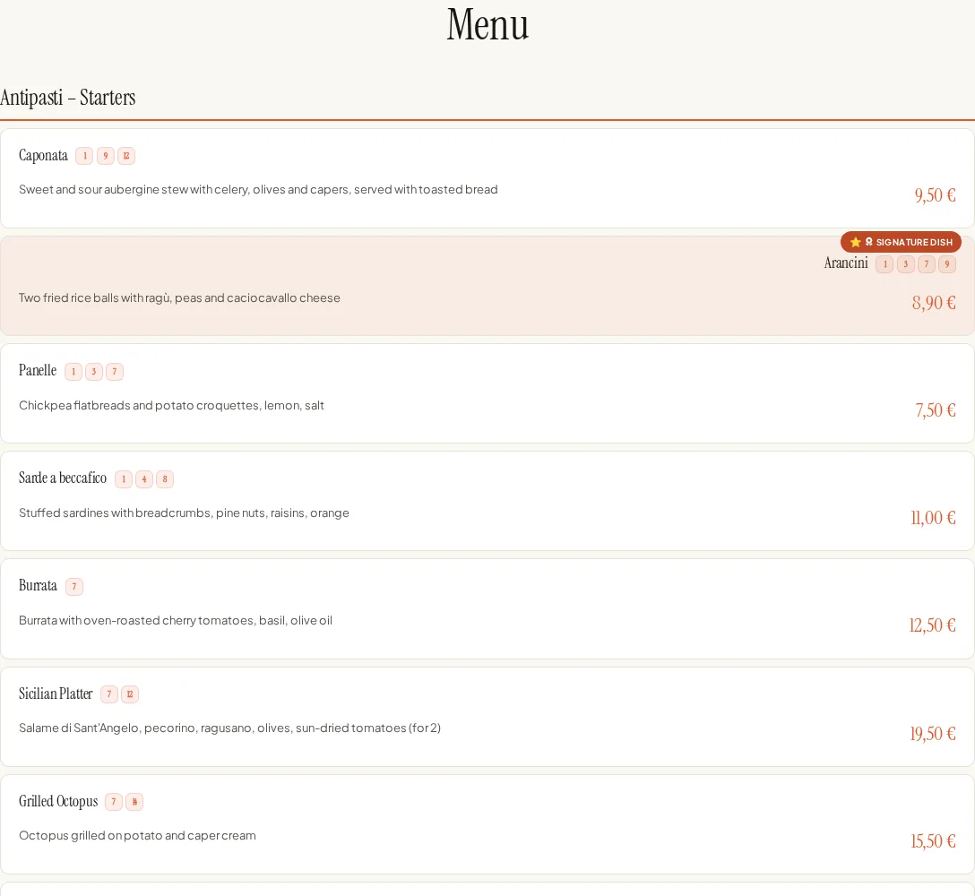 Embedded digital menu with dishes from Via Palermo.