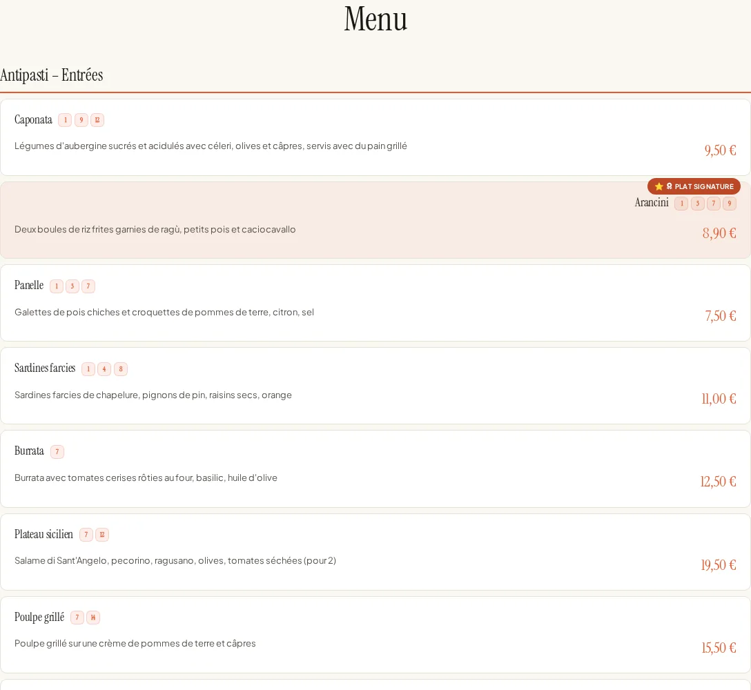 Menu numérique intégré avec les plats de Via Palermo.