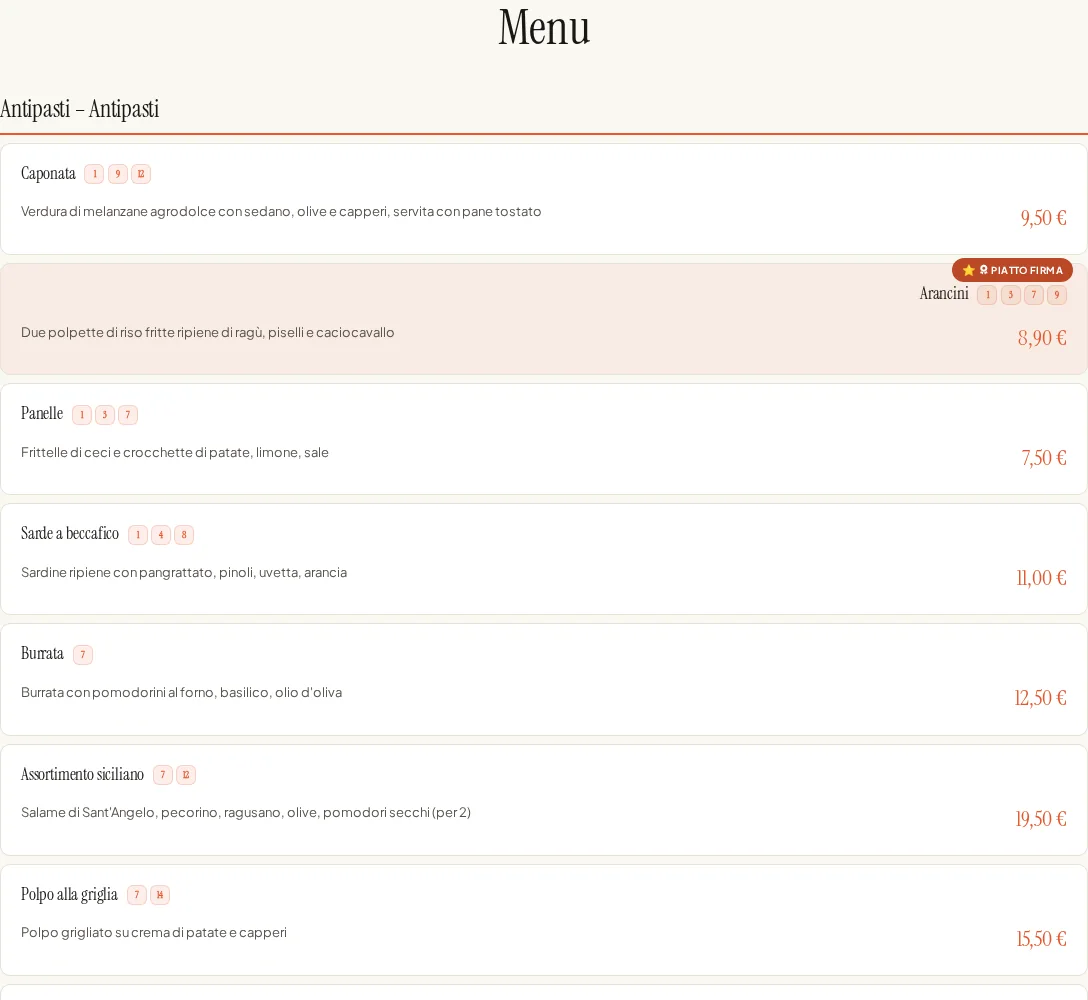 Menu digitale integrato con piatti di Via Palermo.