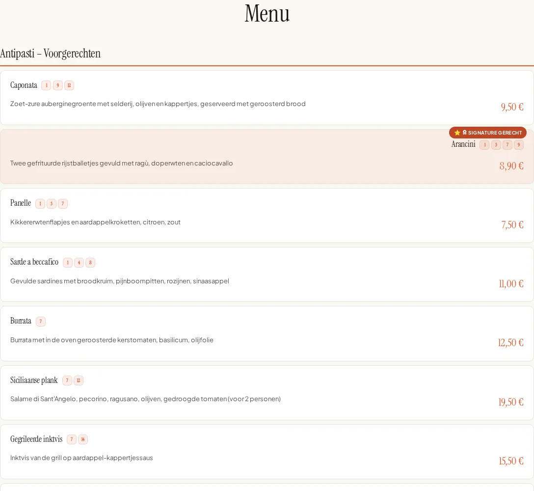 Ingesloten digitaal menu met gerechten uit Via Palermo.
