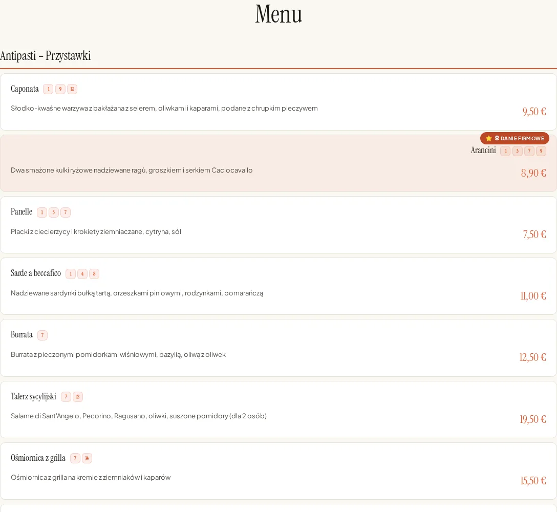 Cyfrowe menu z daniami z Via Palermo.